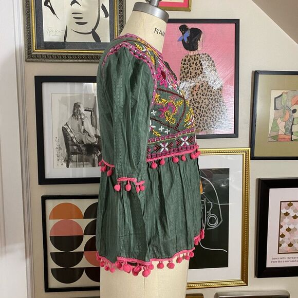 Zara Womens Size Medium Embroidered Kimono Cape Cardigan Green Pink Tie Neck NWT - Picture 6 of 10